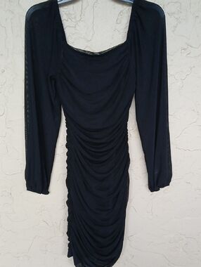 SHEIN Black Ruched Long-Sleeve Bodycon Dress